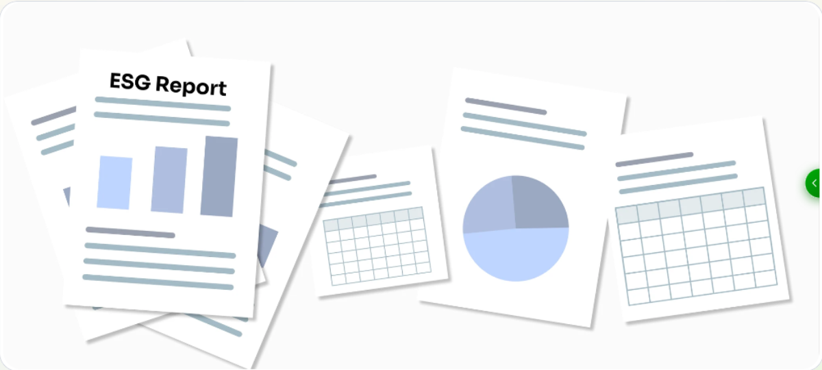 Stacked paper ESG reports and spreadsheets