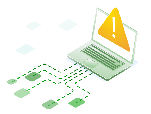 Isometric laptop showing a compliance warning with scattered data nodes