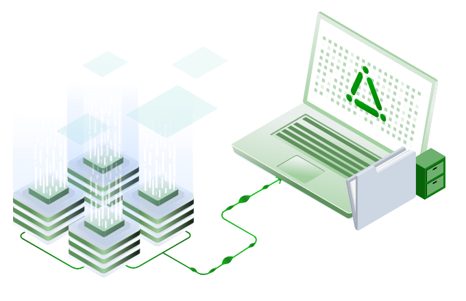 Isometric data centre stacks streaming into a laptop