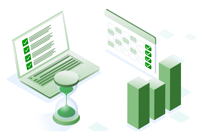 Isometric laptop checklist, report sheet and bar chart