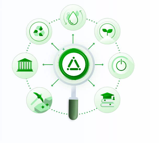 Magnifying glass over a ring of ESG icons: water, recycling, renewables, governance and education