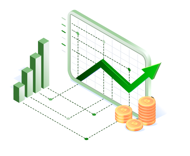 Isometric chart with rising green arrow and coin stacks