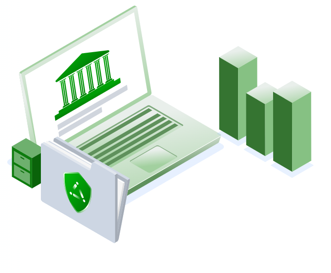 Isometric laptop with a civic building, secure folder and bar chart