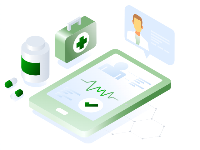 Isometric medical kit, pills and a patient chart on a tablet