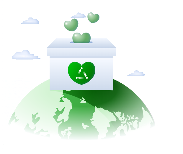 Donation box with hearts above a green globe
