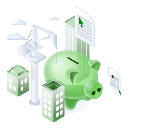 Isometric buildings, crane and savings illustration