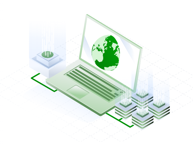 Isometric laptop showing a globe with data centre stacks