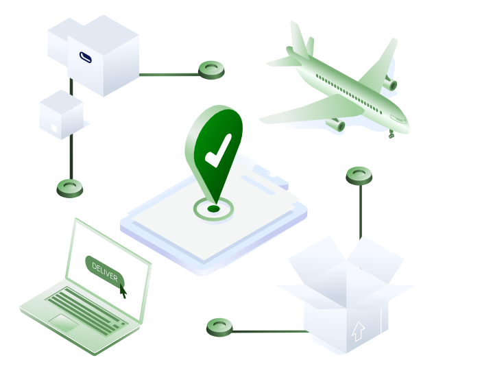 Isometric illustration of parcels, a plane, a delivery map pin and a laptop